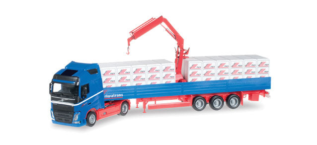 Volvo FH GL Tractor w/Flatbed Trailer w/Hoist & Paving Stone Load - Assembled -- Riwatrans (blue, red, white, German Lettering)