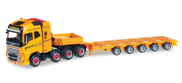 Volvo FH 16 Semi Tractor w/Goose Neck Flatbed Trailer - Assembled -- Wiesbauer (yellow, red, black, German Lettering)