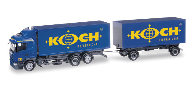 Scania R HL Box-Body Truck w/Trailer - Assembled -- Koch (blue, yellow, German Lettering)