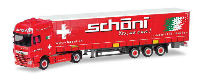 DAF XF Tractor with Curtain Trailer - Assembled -- Schoni (red, white, German Lettering)