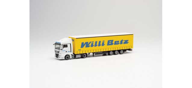 MAN TGS XLX Tractor with Curtain Trailer - Assembled -- Willi Betz (white, yellow, blue, German Lettering)