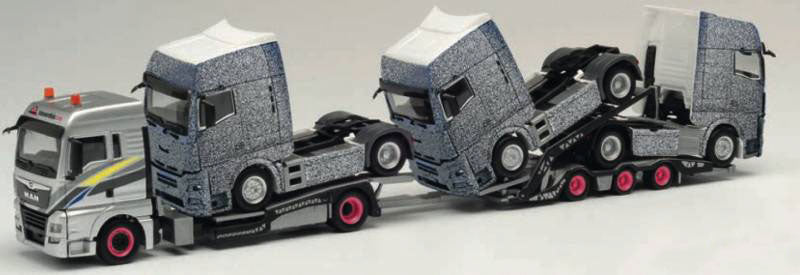 MAN TGX XLX Tractor with Truck Transporter and 3 MAN Tractor Load - Assembled -- Transordizia (silver, gray, German Lettering)
