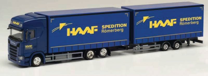 Scania CS 20 HD 2-Axle Curtain Truck with Trailer - Assembled -- Haaf Spedition (blue, yellow, German Lettering)