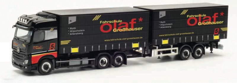 Mercedes-Benz Actros Curtain Truck with Trailer - Assembled -- Olaf Driving School (black, yellow, red, German Lettering)