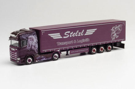Scania CS 20 HD Tractor with Curtain Trailer - Assembled -- Stelzl (black, purple, German Lettering)