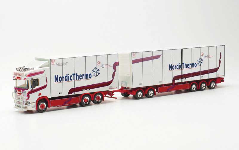 Scania CS 20 Swedish Box Truck w/Trailer - Assembled -- Salonon/Nordic/Thermo (white, red, blue, Norsk Lettering)