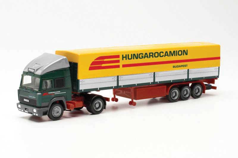 Iveco Turbostar Tractor with Low-Side Trailer and Cover - Assembled -- Hungarocamion (green, red, yellow, German Lettering)