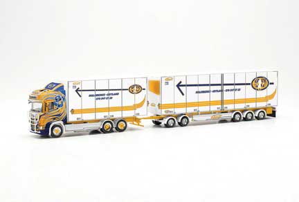 Scania CR 20 Swedish Box Truck with Trailer - Assembled -- Maimbergs Akeri (white, black, yellow, Swedish Lettering)