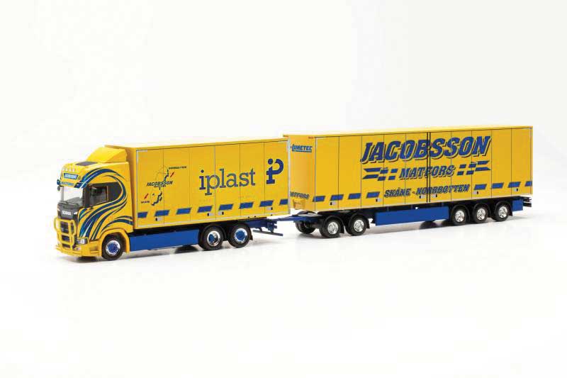 Scania CR 20 HD Swedish Box Truck and Trailer - Assembled -- Jacobsson (yellow, blue, Norsk Lettering)