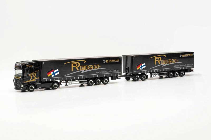 Scania CS 20 HD Curtain Truck and Trailer - Assembled -- Philipp Reich (black, gold, German Lettering)