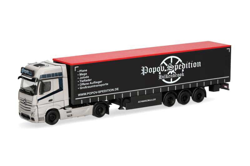 Mercedes-Benz Actros Tractor with Curtain Trailer - Assembled -- Popov Spedition (black, red, white, German Lettering)
