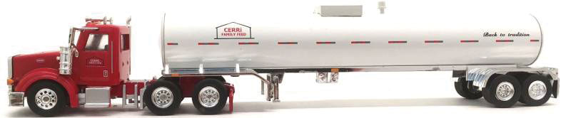 Peterbilt 367 Tractor with Food-Grade Tank Trailer - Assembled -- Cerri Family Feed (red, white; Stainless)