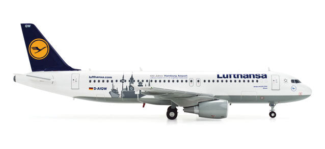 Herpa Wings Aircraft Airbus 320 - Assembled -- Lufthansa (Hamburg Airport 100th Anniversary white, blue, yellow)