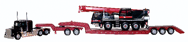 American Trucks Tractor-Trailer Freighliner 3-Axle Conventional -- w/28' Bed Heavy-Haul Flatbed Trailer & Liebherr LTM 1045 Mobile Crane
