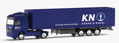 European Trucks - Tractor-Trailer - Mercedes Actros Lh 2-Axle Cabover -- w/3-Axle Canvas Side Trailer - Kuehne & Nagel (blue, white)