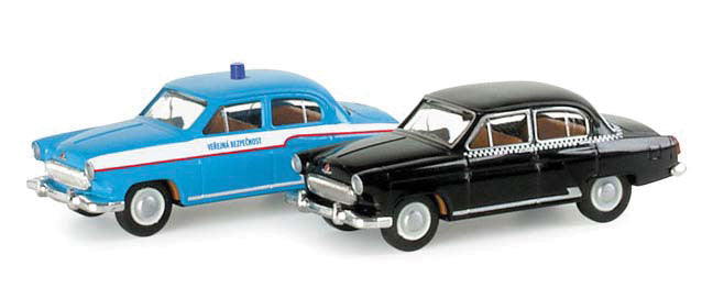 European Automobiles Volga 4-Door Sedan -- 1 Each Police (blue, white) & Taxi (black, white)