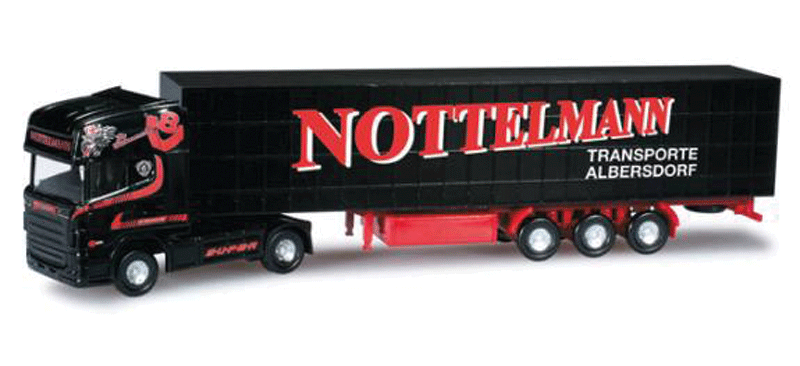 Scania R TL Tractor w/Curtain Semi Trailer - Assembled -- Nottelmann (black, red, white, German Lettering)