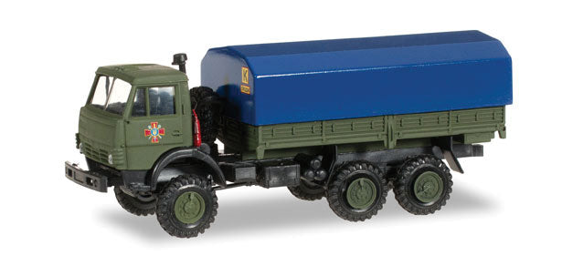 Kamaz 5320 Low-Side Truck w/Cover - Assembled -- Ukrainian National Guard (green, blue, Russian Lettering)