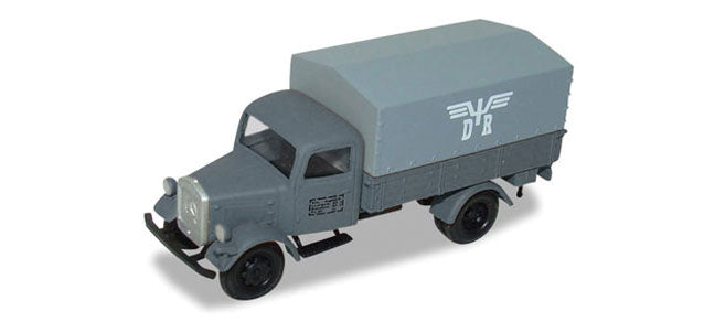 Mercedes-Benz 3000 Low-Side Truck w/Canvas Cover - Assembled -- German State Railroad DR (gray, German Lettering)