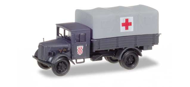Opel Blitz Low-Side Truck w/Canvas Cover - Assembled -- German Army Medical Corps (gray, red, white, German Lettering)