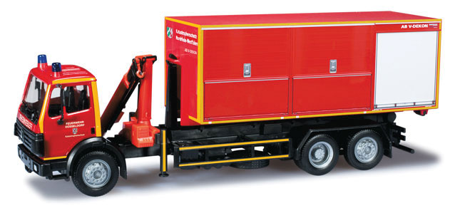 Mercedes-Benz SK Fire Roll-Off Container Truck w/Hoist - Assembled -- Fire Department (red, white, yellow, German Lettering)