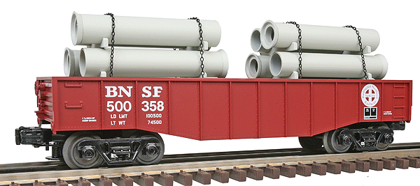 Industrial Rail(TM) Gondola w/Pipe Load - 3-Rail - Ready to Run -- Burlington Northern Santa Fe #500358 (brown, Circle/Cross Logo)