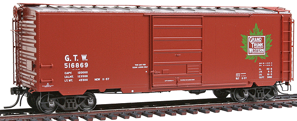 Pullman-Standard PS-1 40' Boxcar w/8' Door - Assembled -- Grand Trunk Western #516869, (Red Oxide, galvanized roof)