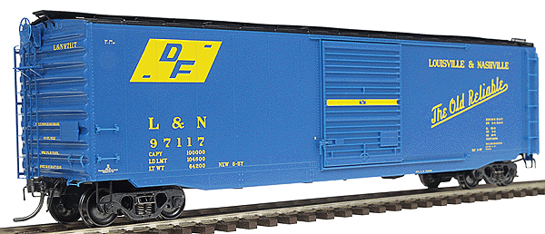 50' PS-1 Boxcar w/Steep Side-Sill, Scale Coupler & 9' Youngstown Door -- Louisville & Nashville #97117 (blue)