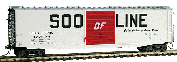 PS-1 50' Boxcar - Gradual Side Sill w/9' Youngstown Door -- Soo Line #177504 (light gray, black inset billboard lettering, red door)