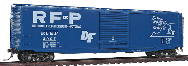 50' PS-1 Boxcar w/9' Youngstown Door Assembled -- Richmond, Fredericksburg & Potomac #2907 (blue), Blt 1960, Repaint 8-71