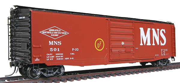 50' PS-1 Boxcar w/9' P-S Doors Assembled -- Minneapolis, Northfield & Southern #501 (Red Oxide, black roof & ends)