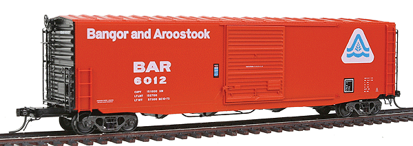 50' PS-1 Boxcar w/9' Youngstown Door & Hydrocushion Underframe Assembled -- Bangor & Aroostook #6012 (red, black ends) Blt 1952