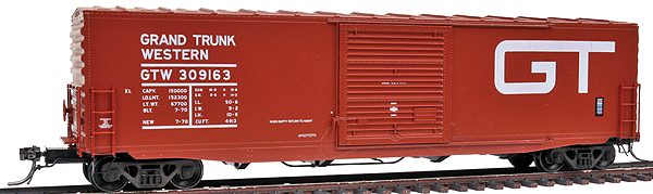 50' PS-1 Boxcar w/10' Door & Functioning Cushion Underframe - Ready to Run -- Grand Trunk Western #309163 (Boxcar Red, Large GT Logo)