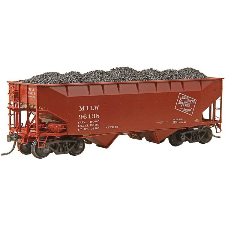 50-Ton AAR Standard Offset 2-Bay Open Hopper with Coal Load - Ready to Run -- Milwaukee Road #96438 (As-Delivered 1948, red oxide, CMStP&P Logo)-1