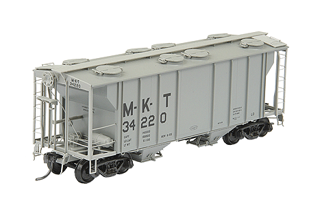 PS-2 2-Bay Covered Hopper; Channeled Sides w/Box Defect Card Holder -- Missouri-Kansas-Texas #34220 (As-Built. Light Gray, black)