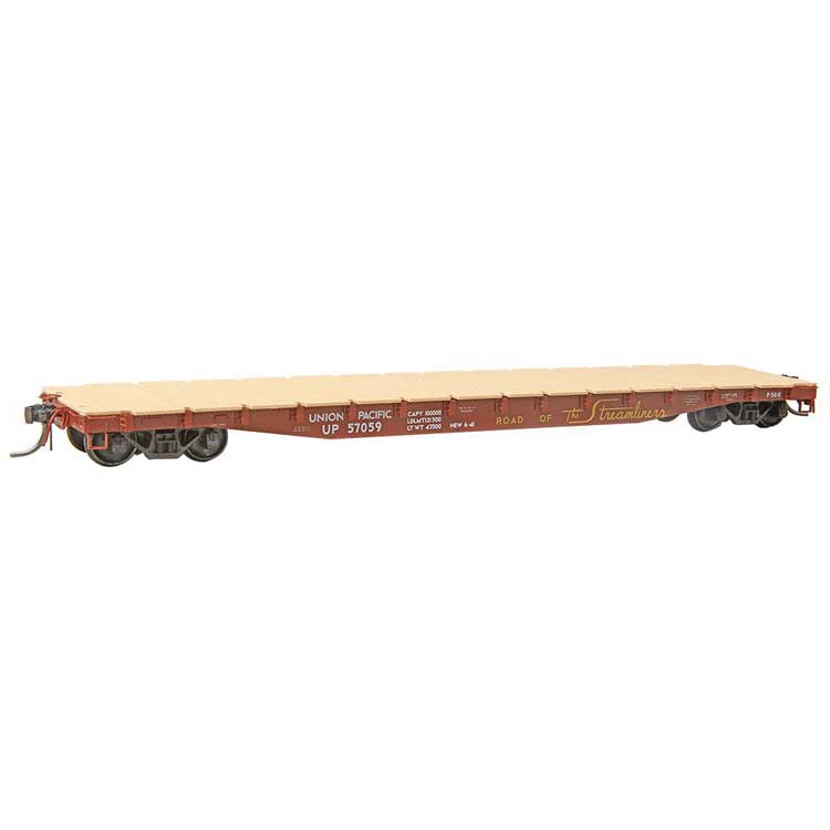 50-Ton AAR Flatcar - Ready to Run -- Union Pacific #57059 (1941 Scheme, red oxide, Streamliners Slogan)-1