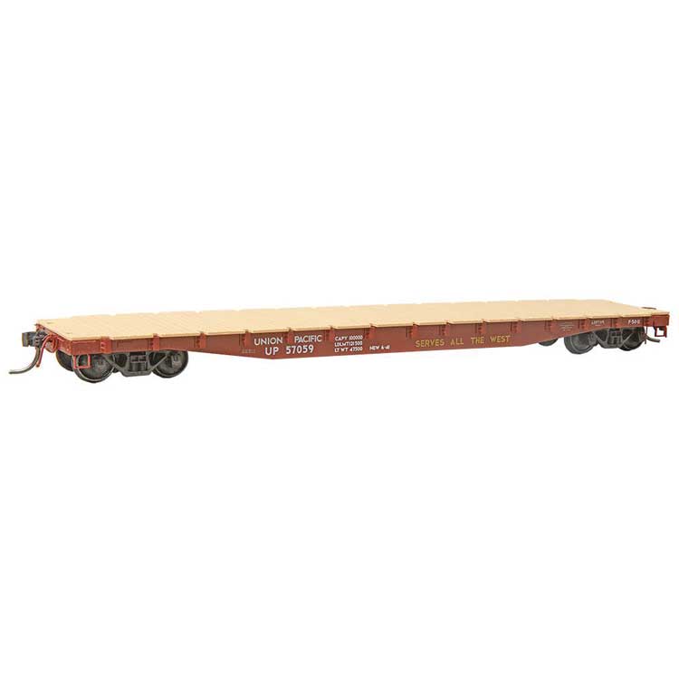 50-Ton AAR Flatcar - Ready to Run -- Union Pacific #57059 (1941 Scheme, red oxide, Streamliners Slogan)-2