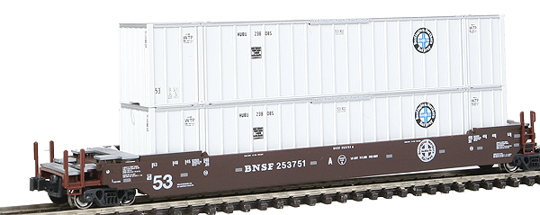 Gunderson MAXI-IV 3-Unit Double Stack Well Car w/53' Containers Ready to Run -- Burlington Northern & Santa Fe #253751 (Boxcar Red, Circle Cross Logo w/BNSF