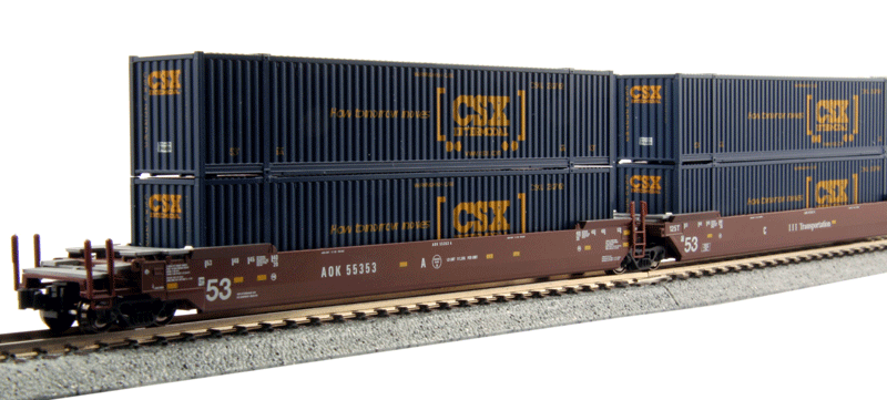 Gunderson MAXI-IV 3-Unit Well Car w/53' Containers - Ready to Run -- Arkansas-Oklahoma #55353 (Boxcar Red, CSX How Tomorrow Moves Containers)