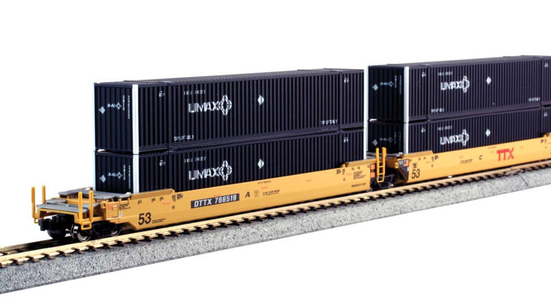 Gunderson MAXI-IV 3-Unit Well Car with 6 53' Containers - Ready to Run -- Trailer-Train #766519 (yellow, black, Red Logo; 6 UMAX Containers)