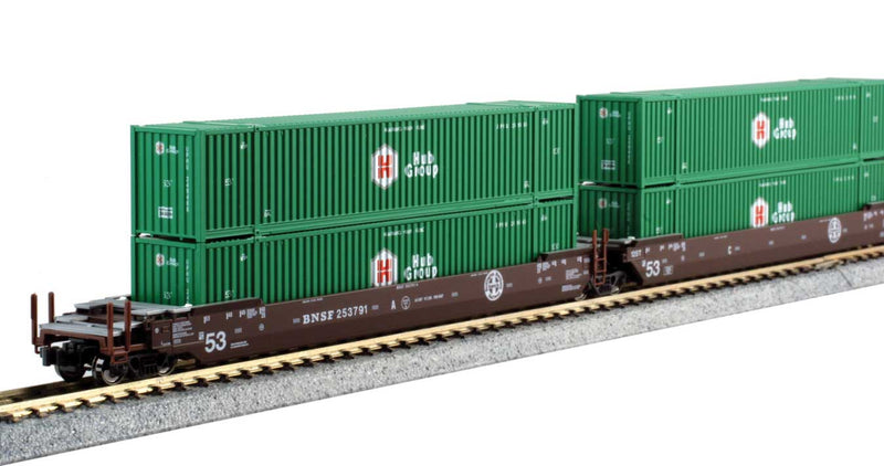 Gunderson MAXI-IV 3-Unit Well Car with 6 53' Containers - Ready to Run -- BNSF Railway #253791 (Boxcar Red; Circle-Cross Logo, 6 Hub Green Containers)