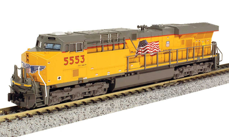 GE ES44AC GEVO - Standard DC -- Union Pacific #5553 (Armour Yellow, gray; U.S. Flag, "Building America" Logo)