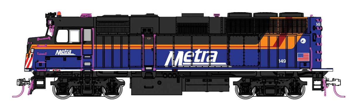 EMD F40PH Commuter Version - DCC -- Chicago Metra #149 (2024 Scheme, blue, black, orange, maroon)