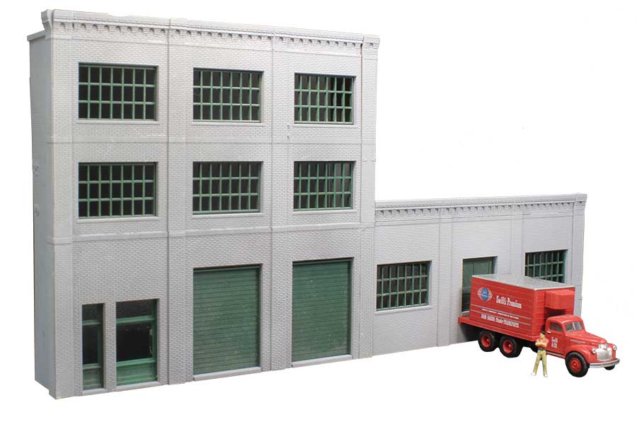 3-Story Building w/2 Overhead Doors, Loading Dock & Office Entry - Keyrail -- Background Building Kit Includes 8 Double-Hung Windows