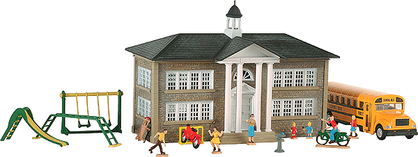 Trackside Collection Fully Assembled -- School, Illuminated w/Figures & Accessories