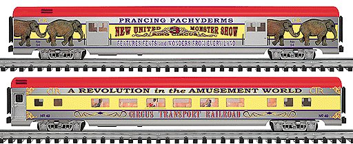 Gold Line(tm) 18" Aluminum Passenger Car 2-Pac -- Circus Transport 1 Each Baggage Car w/Animal Billboard & Performer's Car