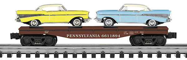 Flatcar -- Pennsylvania Railroad w/2 1957 Chevy Cars