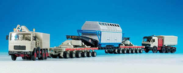 European Trucks - Tractor/Trailer - Kit -- Mercedes Heavy 4-Axle Tractors (2) w/12-Axle Telescoping Flatbed & Generator
