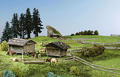 Stable w/Fence & Cows -- 2-13/16 x 2-5/8 x 1-5/8" 7 x 6.5 x 4cm 2-13/64 x 2 x 1-13/32" 5.5 x 5 x 3.
