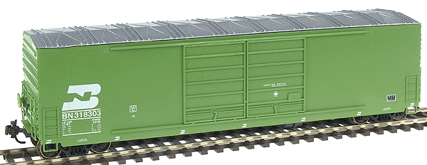 FMC 50' Modern Boxcar w/Welded Sides & Double Panel Doors - Assembled -- Burlington Northern (green, small logo)